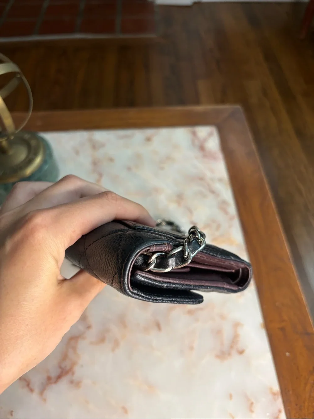 CHANEL Caviar Leather Black Quilted Classic Trifold Wallet w/ Added Chain